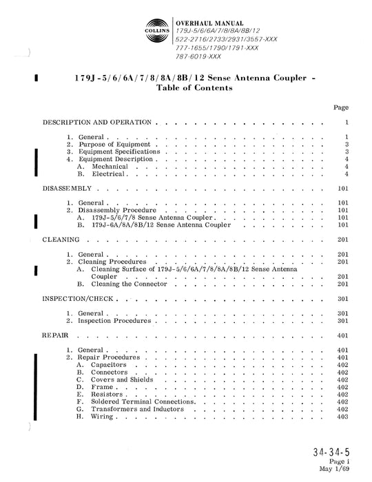 Collins 179J-5-6-6A-7-8-8A-8B-12 1962 Overhaul Manual (523-0755502-201)