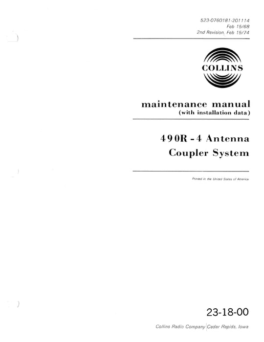Collins 490R-4 Antenna Coupler System Maintenance Manual with Installation Data (523-07960181-20)