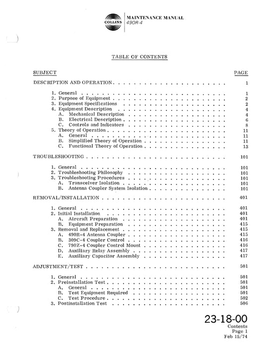 Collins 490R-4 Antenna Coupler System Maintenance Manual with Installation Data (523-07960181-20)