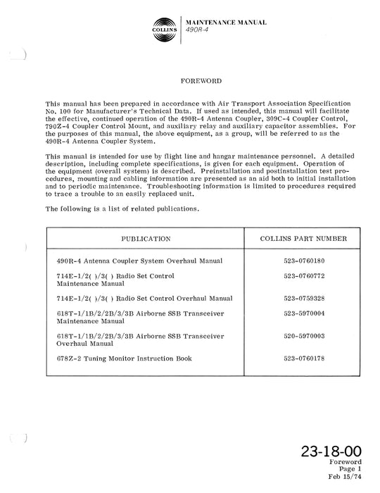 Collins 490R-4 Antenna Coupler System Maintenance Manual with Installation Data (523-07960181-20)