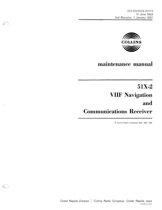 Collins 51X-2 VHF Navigation and Communications Receiver Maintenance Manual (523-0022004-201114)