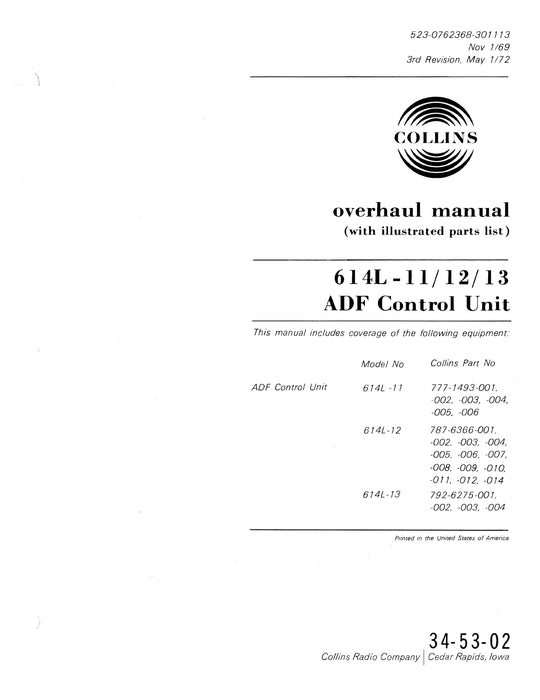 Collins 614L-11-12-13 ADF Control Unit Overhaul Manual with Illustrated Parts List (523-0762368-301)