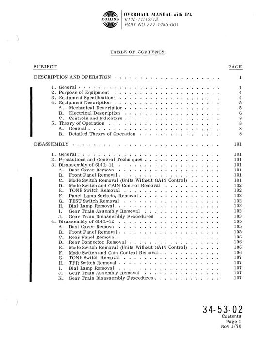 Collins 614L-11-12-13 ADF Control Unit Overhaul Manual with Illustrated Parts List (523-0762368-301)