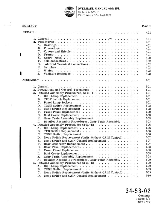 Collins 614L-11-12-13 ADF Control Unit Overhaul Manual with Illustrated Parts List (523-0762368-301)