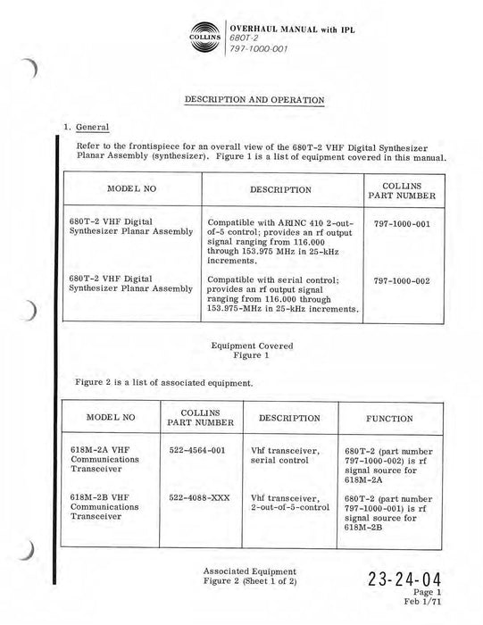 Collins 680T-2 1970 Overhaul Manual with Illustrated Parts List (523-0762965-101)