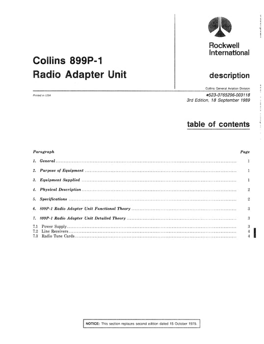Collins 899P-1 Radio Adapter Unit 1989 Instruction Book-Repair Manual (523-0771047-00211A)