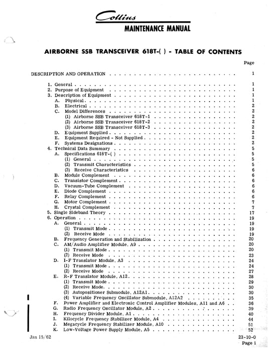 Collins Airborne SSB Transceiver 618T 1961 Maintenance Manual (520-5970004-101)