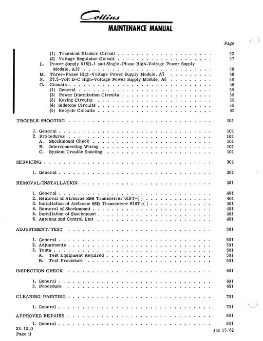 Collins Airborne SSB Transceiver 618T 1961 Maintenance Manual (520-5970004-101)