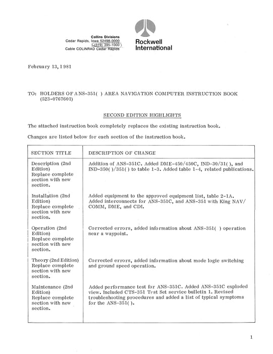 Collins ANS-351 Area Navigation Computer Instruction Book (523-0767602-002118)
