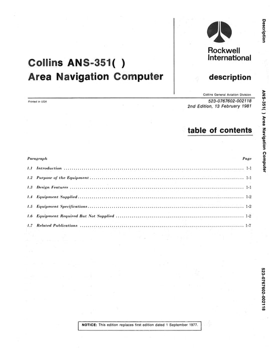 Collins ANS-351 Area Navigation Computer Instruction Book (523-0767602-002118)