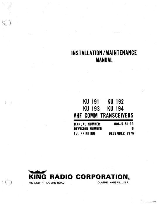 King KU191,192,193,194 VHF COM Tranceivers Maintenance-Installation (006-0151-00)
