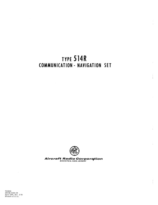 Aircraft Radio Corporation ARC 514R Communication Navigation Set Instruction Book 7070210