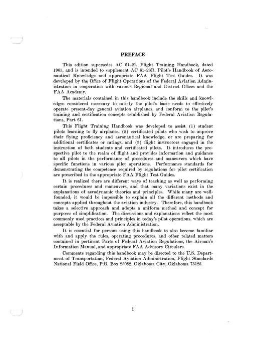 Federal Aviation Administration 1980 US. Department of Transportation Flight Training Handbook AC 61-21A (AC 61-21A)