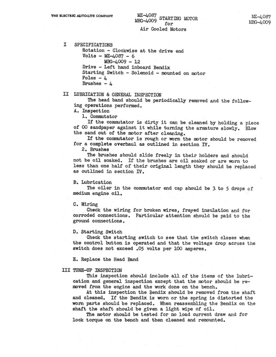 Auto-Lite Starting Motor for Air Cooled Motors MZ-4087, MBG-4009 Service Information Manual (MZ-4087, MBG-4009)