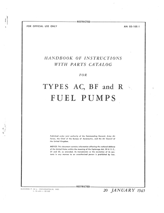 AC, BF and R Fuel Pumps Handbook Of Instruction With Parts Catalog (03-10E-1)