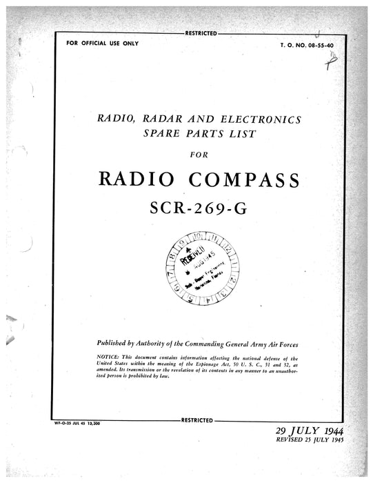 Radio Compass SCR-269-G Radio, Radar and Electronics Spare Parts List (08-55-40)