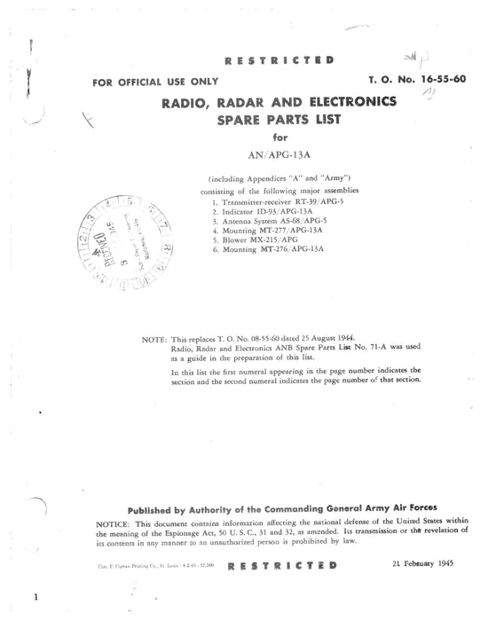 Radar Set AN-APG-13A Radio, Radar and Electronics Spare Parts List (16-55-60)