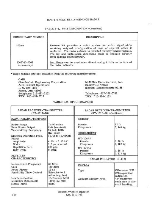 Bendix RDR-110 Weather Avoidance Radar Installation Manual (I.B.2110)
