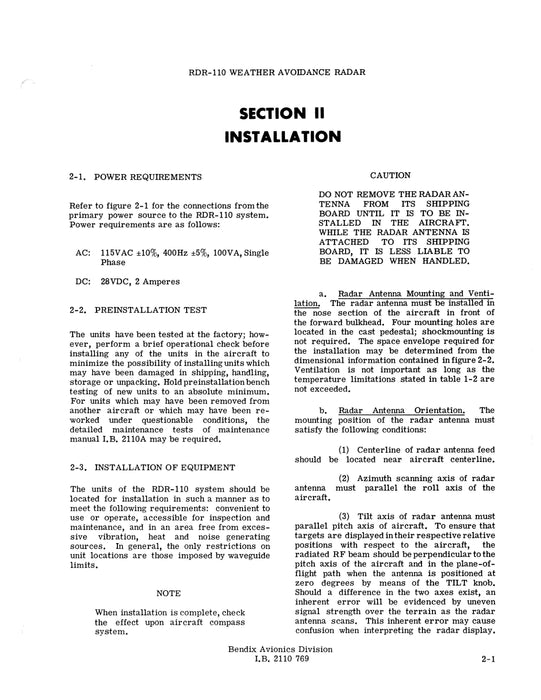 Bendix RDR-110 Weather Avoidance Radar Installation Manual (I.B.2110)