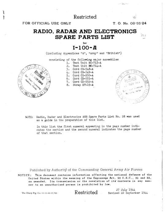 Radio, Radar and Electronics I-100-A Spare Parts List (08-55-24)
