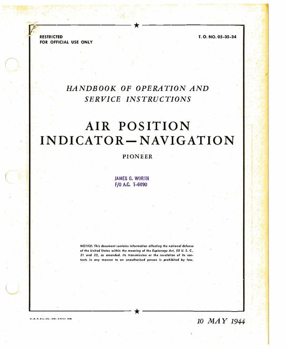 Pioneer Air Position Indicator - Navigation Handbook of Operation And Service Instructions (05-35-34)