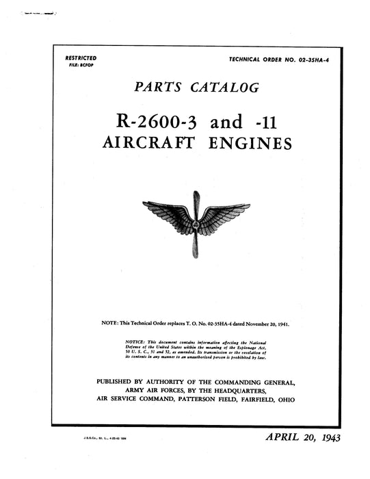 Wright Aeronautical R-2600-3 and -11 Aircraft Engines Parts Catalog (02-35HA-4)