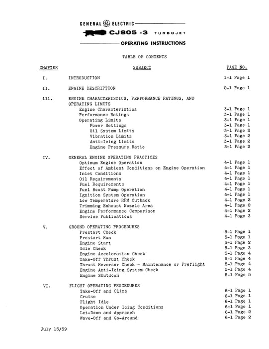 General Electric Company CJ805-3 Turbojet Engine Operating Instructions (GEI67826)