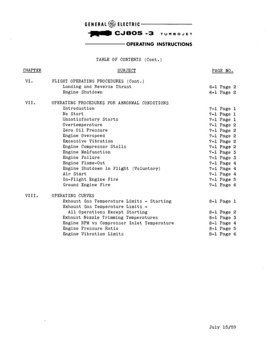 General Electric Company CJ805-3 Turbojet Engine Operating Instructions (GEI67826)