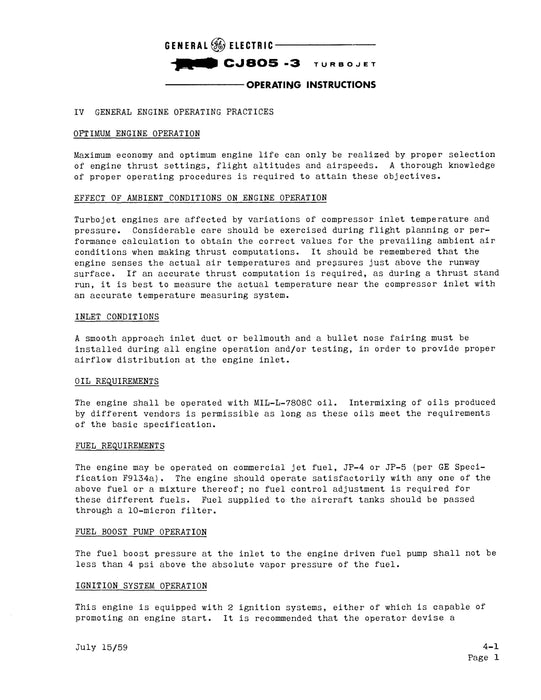 General Electric Company CJ805-3 Turbojet Engine Operating Instructions (GEI67826)