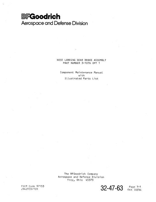 B.F. Goodrich 3-1076 OPT1 Nose Landing Gear Brake Assembly Component Maintenance Manual With Illustrated Parts (JN42933/109)