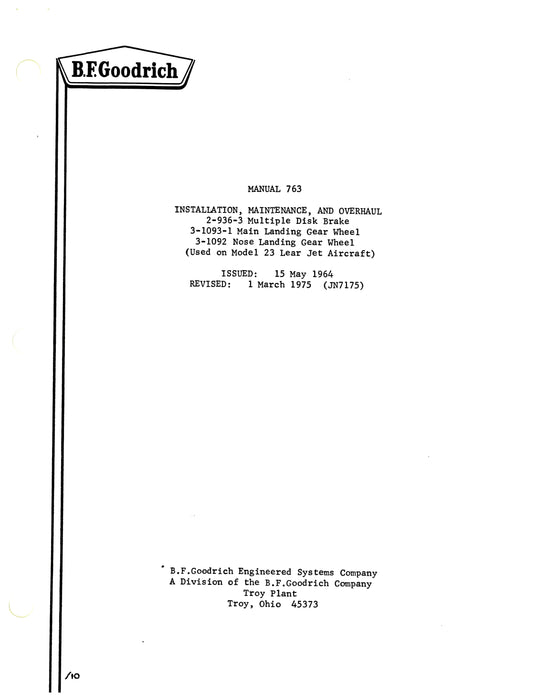 B.F. Goodrich Manual 763 Learjet Installation, Maintenance, Overhaul (763)