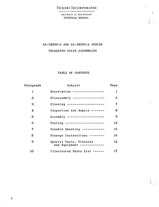 Vickers Unloading Valve Assemblies AA-34500-A and AS-34500-A Series Overhaul and Parts Manual