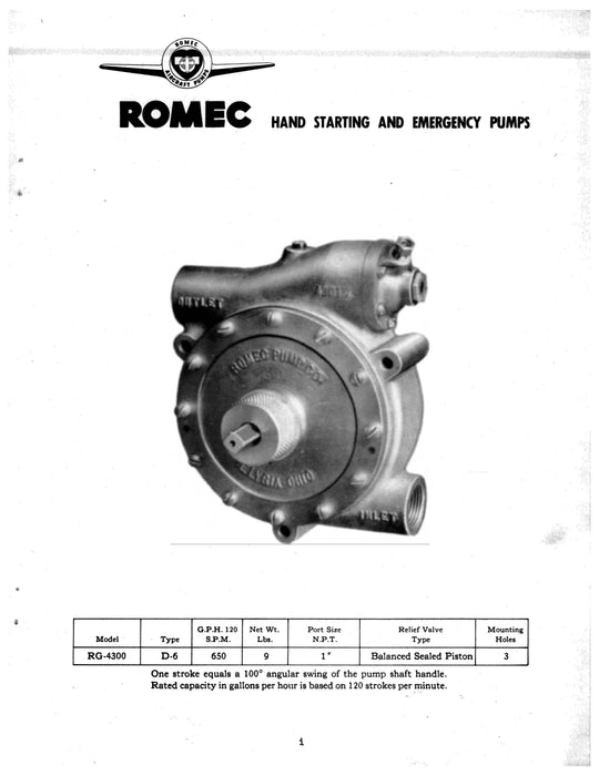 Romec Hand Starting and Emergency Pumps Model RG-4300, Type D-6 Installation, Service, Overhaul