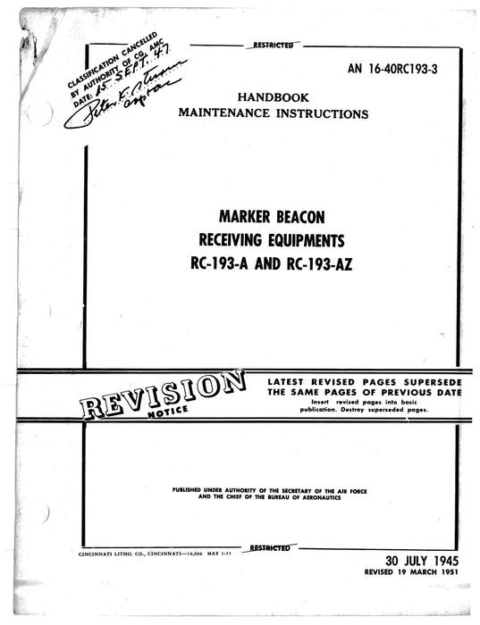 Marker Beacon Receiving Equipment RC-193A & RC-193-AZ Maintenance Instructions AN 16-40RC193-3