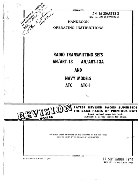 Radio Transmitting Sets AN/ART-13, -13A, ATC, ATC-1 Operating Instructions AN 16-30ART13-3