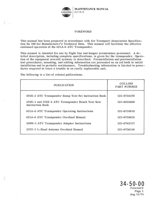 Collins 621A-6 ATC Transponder Maintenance Manual with Installation Data 523-0759617-201114