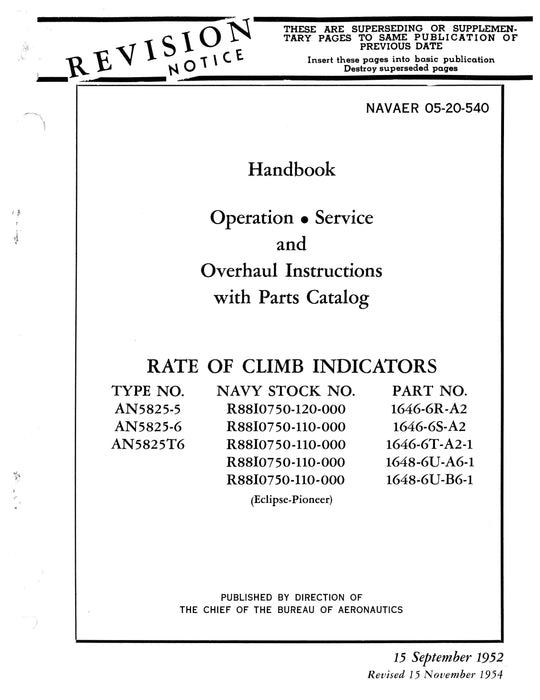 Eclipse-Pioneer Rate of Climb Indicators AN5825-5, -6, AN5825T6 Service, Overhaul, Parts 05-20-540