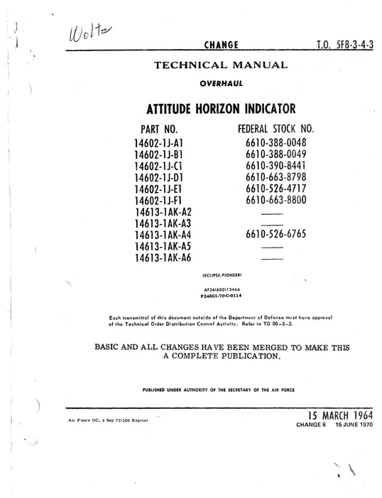 Eclipse-Pioneer Attitude Horizon Indicator Part No. 14602, 14613 Overhaul Manual TO 5F8-3-4-3