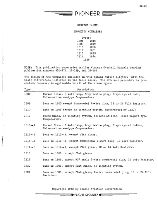 Bendix Magnetic Compasses Types 1803, 1808, 1810, 1812, 1813, 1814, 1818, 1819, 1820, 1821, 1823, 1824, 1825 Service Manual