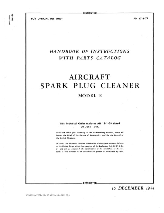 Aircraft Spark Plug Cleaner Model E Instructions With Parts Catalog AN 17-1-77