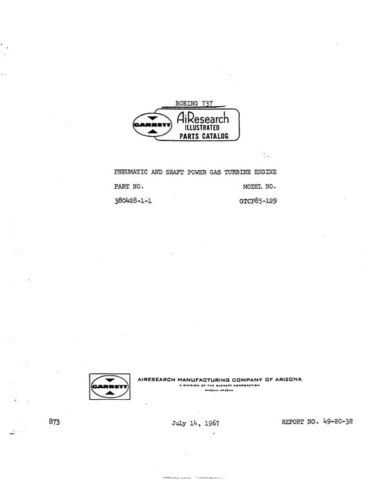 Garrett GTCP85-129 Pneumatic and Shaft Power Gas Turbine Engine Illustrated Parts Catalog