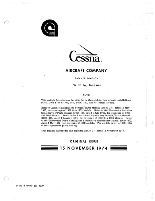 Cessna Avionics Installations for 177RG, 182, 206, 210 & 337 Models 1974 & 1975 Service/Parts Manuals D4540-13