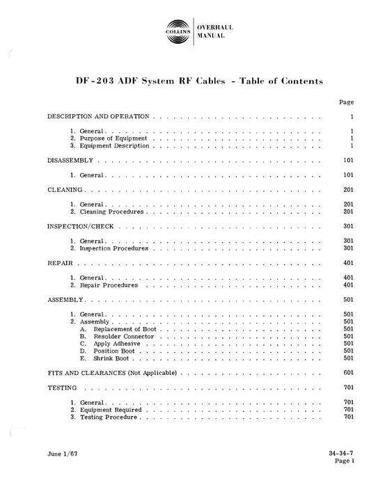 Collins DF-203 ADF System RF Cables Overhaul Manual 523-0755504-601113