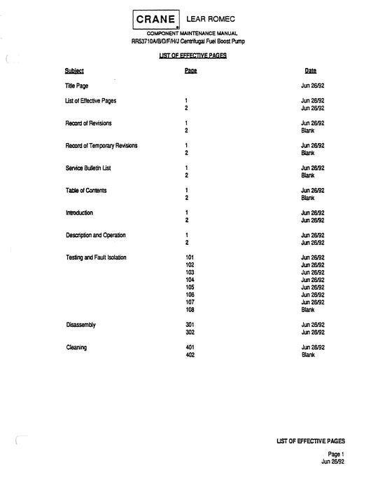 Lear Romec Centrifugal Fuel Boost Pump RR53710A, B, D, F, H, J Component Maintenance Manual