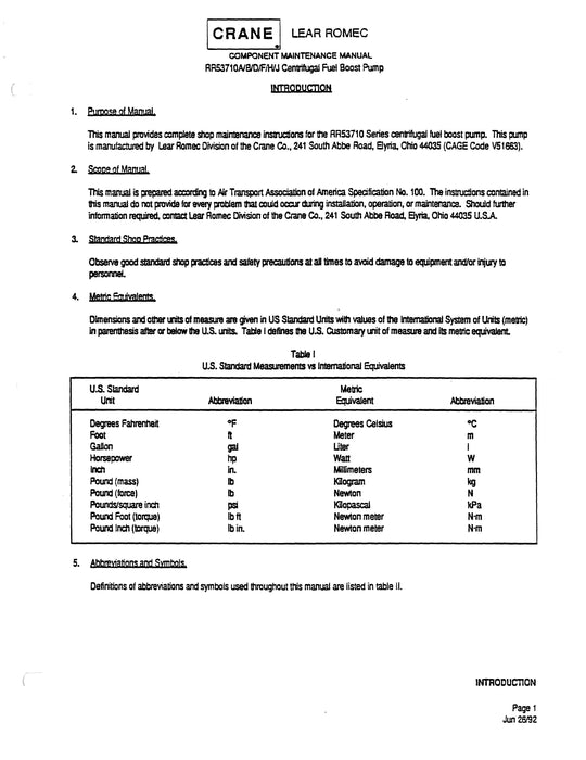 Lear Romec Centrifugal Fuel Boost Pump RR53710A, B, D, F, H, J Component Maintenance Manual