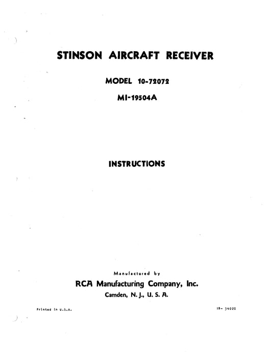 RCA Model 10-72072 Stinson Aircraft Receiver Instructions