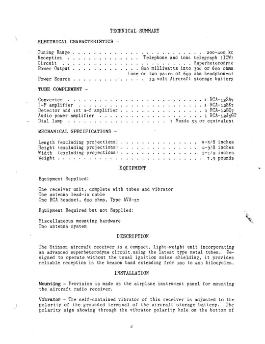 RCA Model 10-72072 Stinson Aircraft Receiver Instructions