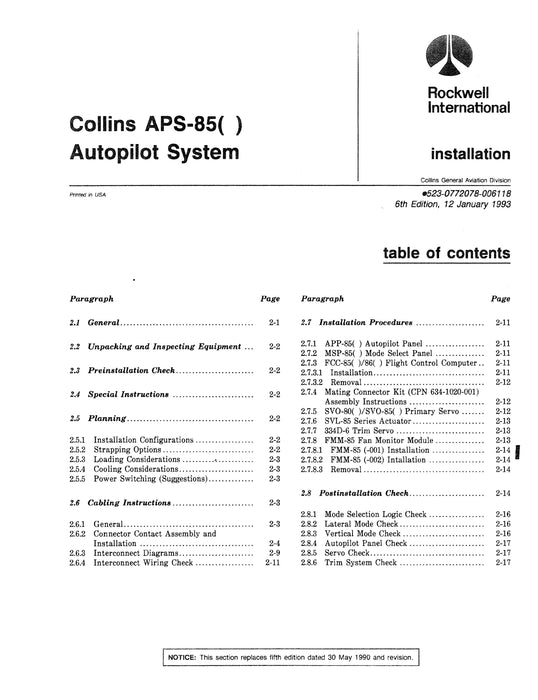 Collins APS-85( ) Autopilot Installation Manual 523-0772076-00611A