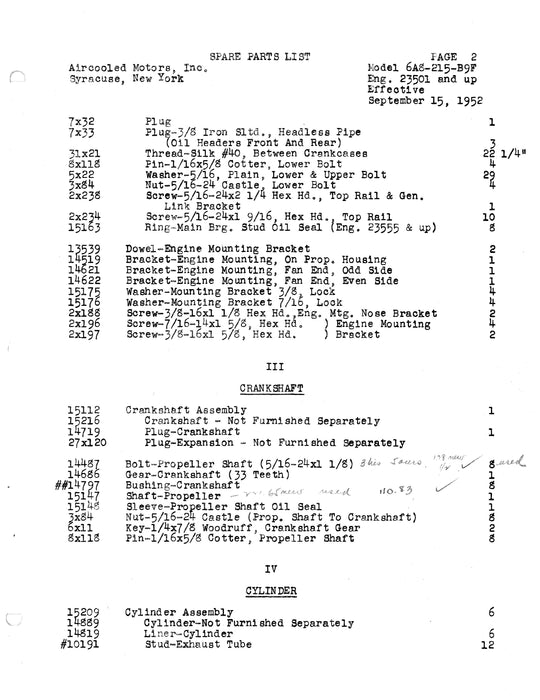 Franklin 6A8-215-B9F Aircraft Engine Service Parts List Not Illustrated
