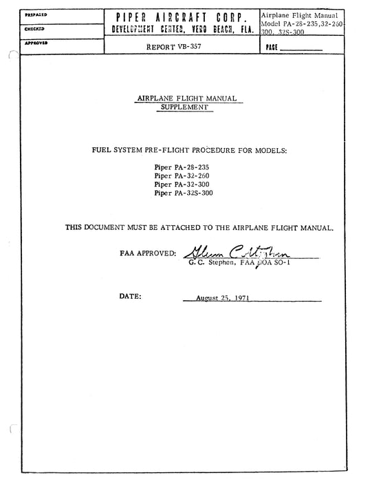 Piper PA28-235, PA32-260, -300, PA32S-300 Flight Manual Supplement Report VB-357